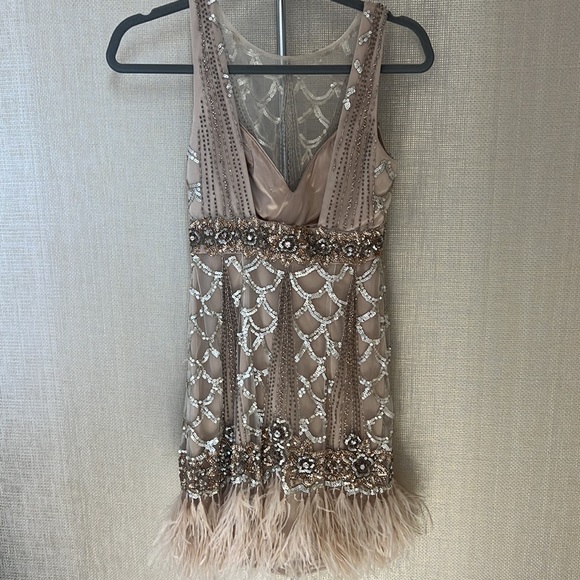 Sue Wong champagne/rose gold cocktail sheath with feathers and sequins. … - Picture 2 of 4